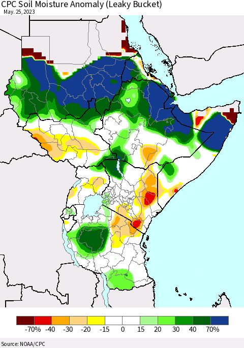 Eastern Africa CPC Soil Moisture Anomaly (Leaky Bucket) Thematic Map For 5/21/2023 - 5/25/2023