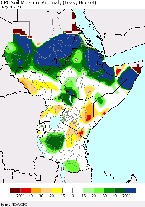 Eastern Africa CPC Soil Moisture Anomaly (Leaky Bucket) Thematic Map For 5/26/2023 - 5/31/2023