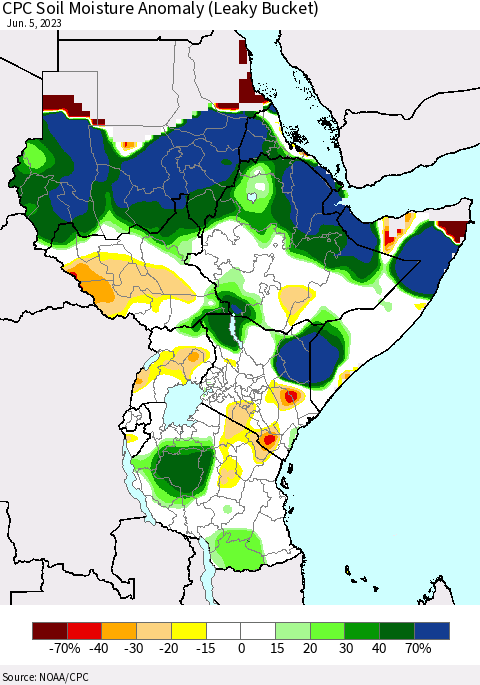 Eastern Africa CPC Soil Moisture Anomaly (Leaky Bucket) Thematic Map For 6/1/2023 - 6/5/2023