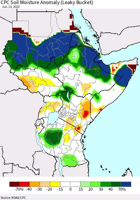 Eastern Africa CPC Soil Moisture Anomaly (Leaky Bucket) Thematic Map For 6/6/2023 - 6/10/2023
