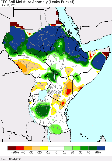 Eastern Africa CPC Soil Moisture Anomaly (Leaky Bucket) Thematic Map For 6/11/2023 - 6/15/2023