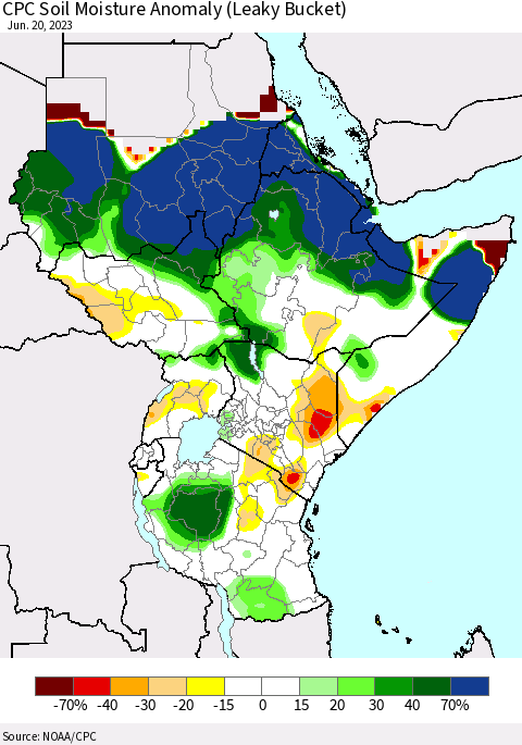 Eastern Africa CPC Soil Moisture Anomaly (Leaky Bucket) Thematic Map For 6/16/2023 - 6/20/2023
