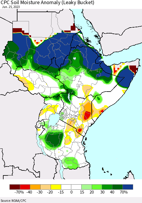 Eastern Africa CPC Soil Moisture Anomaly (Leaky Bucket) Thematic Map For 6/21/2023 - 6/25/2023