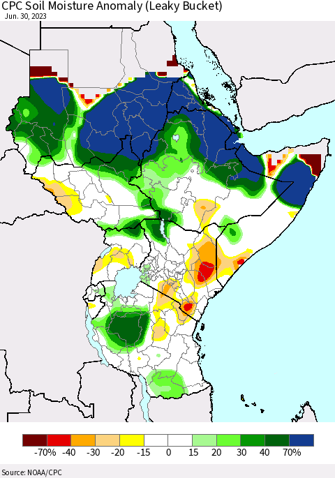 Eastern Africa CPC Soil Moisture Anomaly (Leaky Bucket) Thematic Map For 6/26/2023 - 6/30/2023