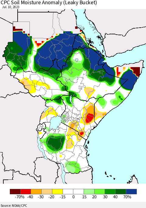 Eastern Africa CPC Soil Moisture Anomaly (Leaky Bucket) Thematic Map For 7/6/2023 - 7/10/2023