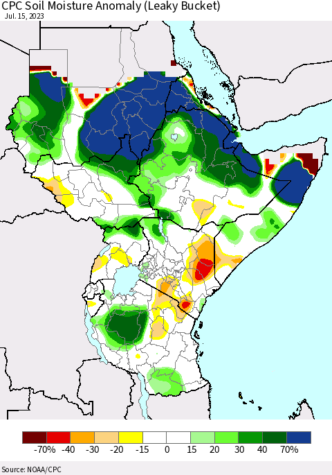 Eastern Africa CPC Soil Moisture Anomaly (Leaky Bucket) Thematic Map For 7/11/2023 - 7/15/2023