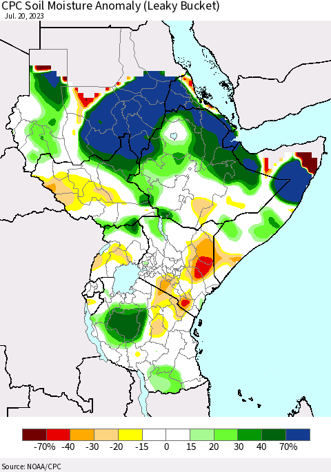 Eastern Africa CPC Soil Moisture Anomaly (Leaky Bucket) Thematic Map For 7/16/2023 - 7/20/2023