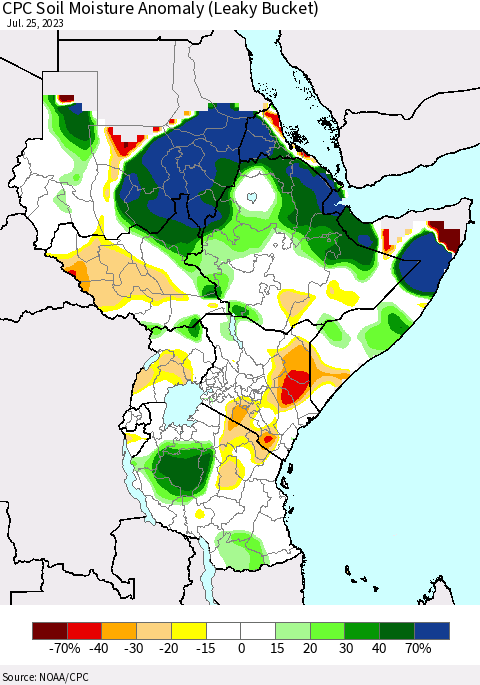 Eastern Africa CPC Soil Moisture Anomaly (Leaky Bucket) Thematic Map For 7/21/2023 - 7/25/2023