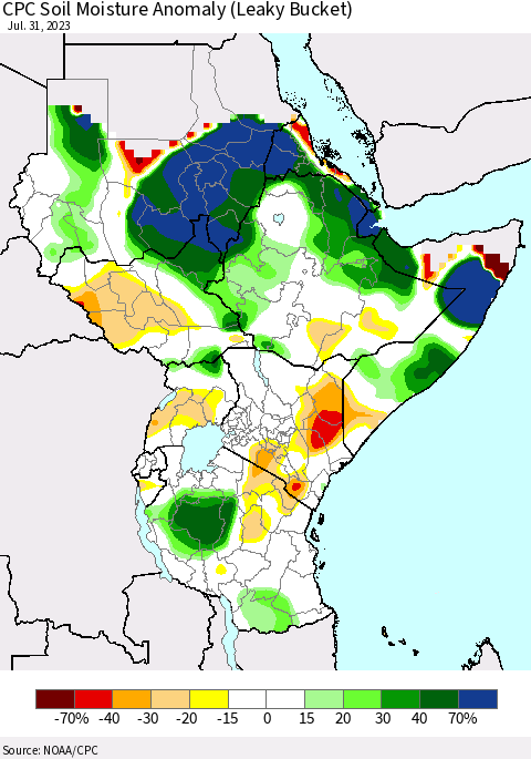 Eastern Africa CPC Soil Moisture Anomaly (Leaky Bucket) Thematic Map For 7/26/2023 - 7/31/2023