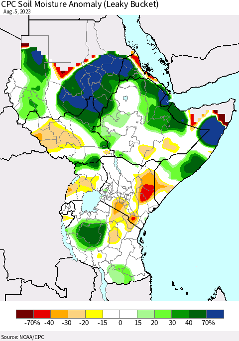 Eastern Africa CPC Soil Moisture Anomaly (Leaky Bucket) Thematic Map For 8/1/2023 - 8/5/2023