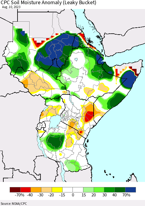 Eastern Africa CPC Soil Moisture Anomaly (Leaky Bucket) Thematic Map For 8/6/2023 - 8/10/2023