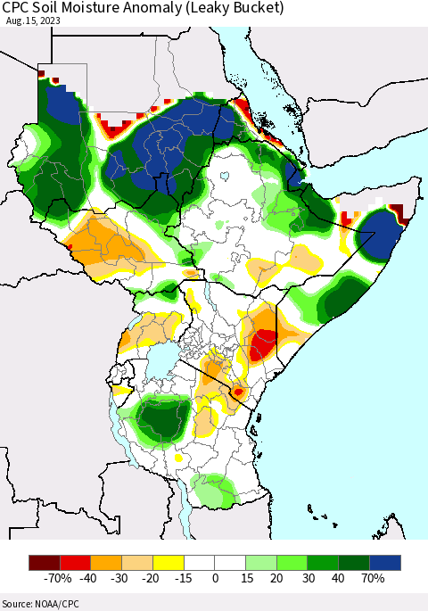 Eastern Africa CPC Soil Moisture Anomaly (Leaky Bucket) Thematic Map For 8/11/2023 - 8/15/2023