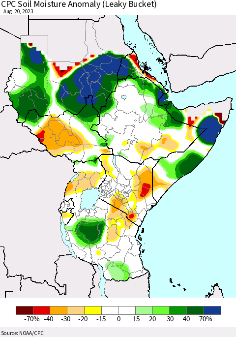 Eastern Africa CPC Soil Moisture Anomaly (Leaky Bucket) Thematic Map For 8/16/2023 - 8/20/2023