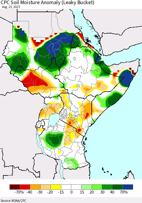 Eastern Africa CPC Soil Moisture Anomaly (Leaky Bucket) Thematic Map For 8/21/2023 - 8/25/2023
