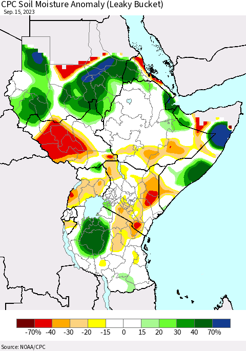 Eastern Africa CPC Soil Moisture Anomaly (Leaky Bucket) Thematic Map For 9/11/2023 - 9/15/2023
