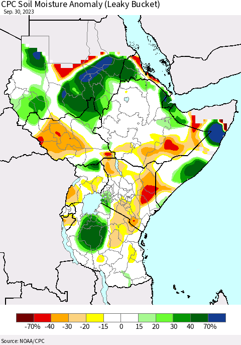 Eastern Africa CPC Soil Moisture Anomaly (Leaky Bucket) Thematic Map For 9/26/2023 - 9/30/2023
