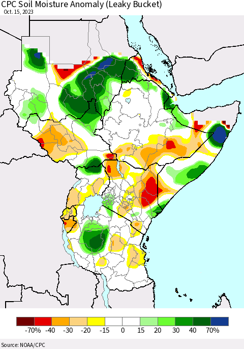 Eastern Africa CPC Soil Moisture Anomaly (Leaky Bucket) Thematic Map For 10/11/2023 - 10/15/2023