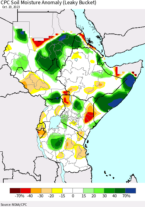 Eastern Africa CPC Soil Moisture Anomaly (Leaky Bucket) Thematic Map For 10/16/2023 - 10/20/2023
