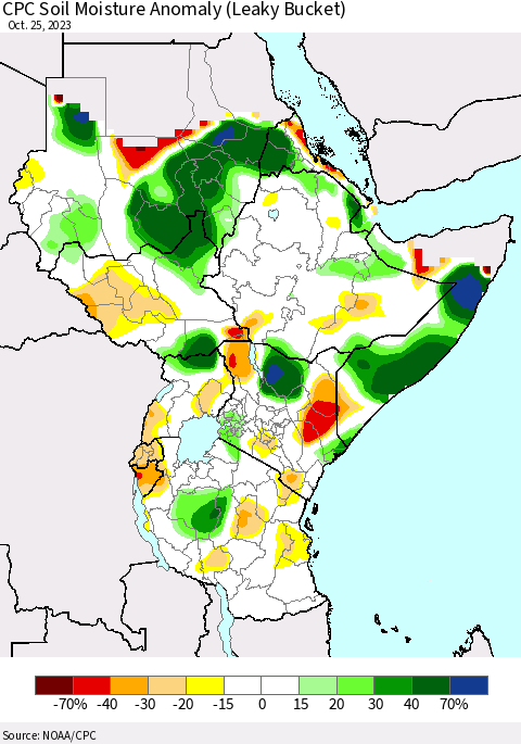 Eastern Africa CPC Soil Moisture Anomaly (Leaky Bucket) Thematic Map For 10/21/2023 - 10/25/2023