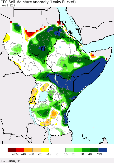 Eastern Africa CPC Soil Moisture Anomaly (Leaky Bucket) Thematic Map For 11/1/2023 - 11/5/2023