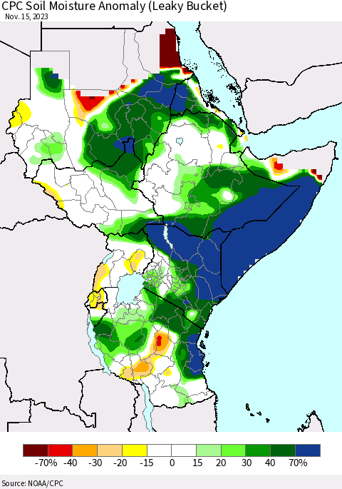 Eastern Africa CPC Soil Moisture Anomaly (Leaky Bucket) Thematic Map For 11/11/2023 - 11/15/2023