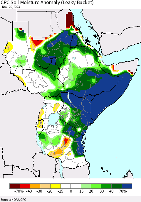 Eastern Africa CPC Soil Moisture Anomaly (Leaky Bucket) Thematic Map For 11/16/2023 - 11/20/2023