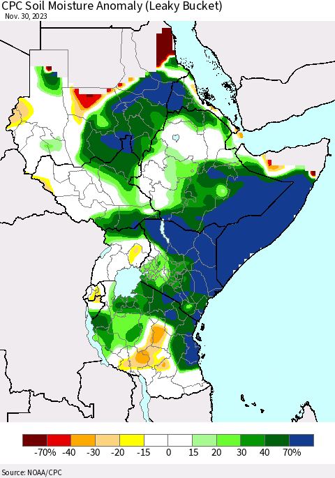Eastern Africa CPC Soil Moisture Anomaly (Leaky Bucket) Thematic Map For 11/26/2023 - 11/30/2023