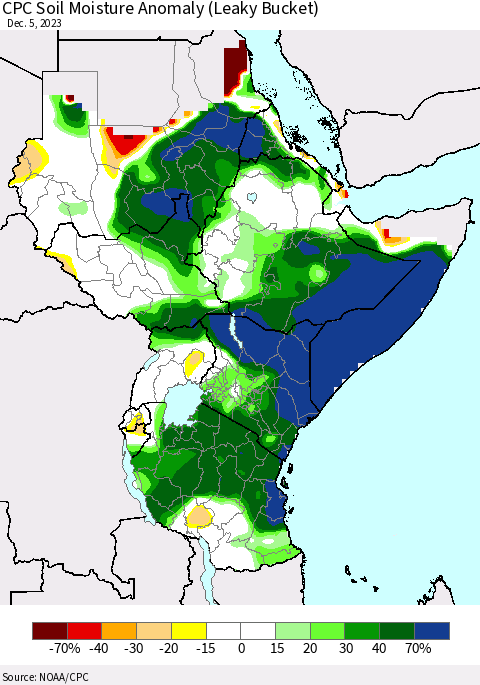 Eastern Africa CPC Soil Moisture Anomaly (Leaky Bucket) Thematic Map For 12/1/2023 - 12/5/2023