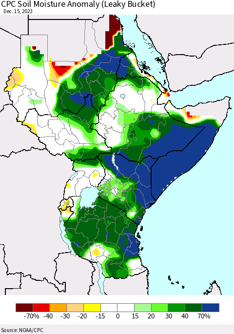 Eastern Africa CPC Soil Moisture Anomaly (Leaky Bucket) Thematic Map For 12/11/2023 - 12/15/2023