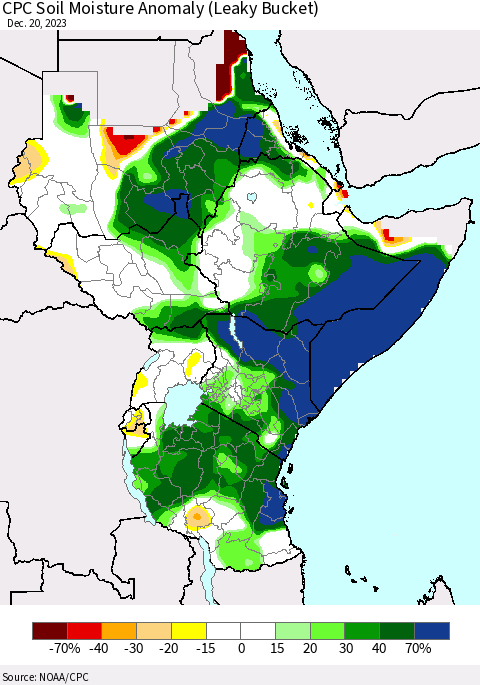 Eastern Africa CPC Soil Moisture Anomaly (Leaky Bucket) Thematic Map For 12/16/2023 - 12/20/2023