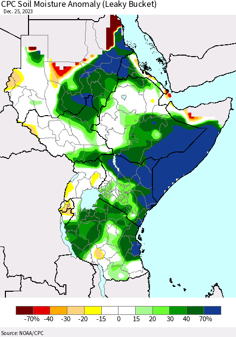 Eastern Africa CPC Soil Moisture Anomaly (Leaky Bucket) Thematic Map For 12/21/2023 - 12/25/2023