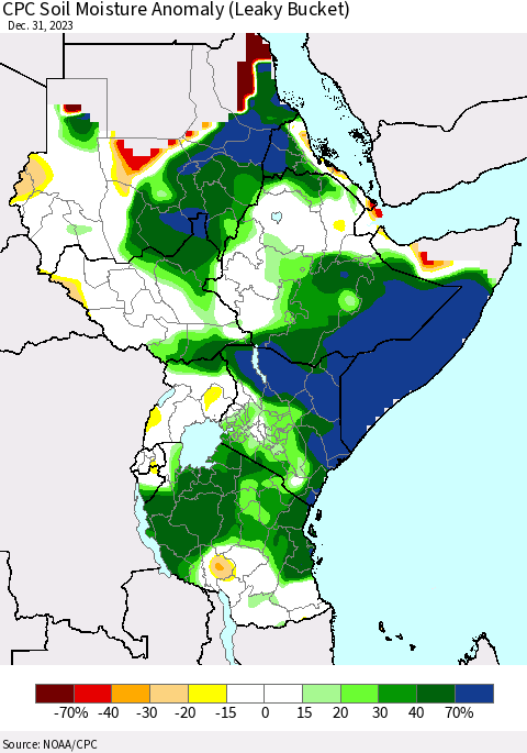 Eastern Africa CPC Soil Moisture Anomaly (Leaky Bucket) Thematic Map For 12/26/2023 - 12/31/2023