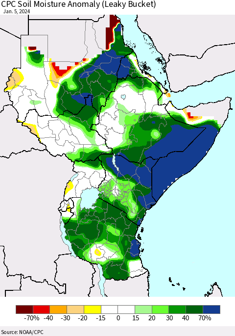 Eastern Africa CPC Soil Moisture Anomaly (Leaky Bucket) Thematic Map For 1/1/2024 - 1/5/2024