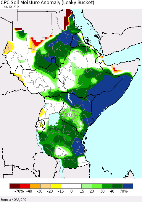 Eastern Africa CPC Soil Moisture Anomaly (Leaky Bucket) Thematic Map For 1/6/2024 - 1/10/2024