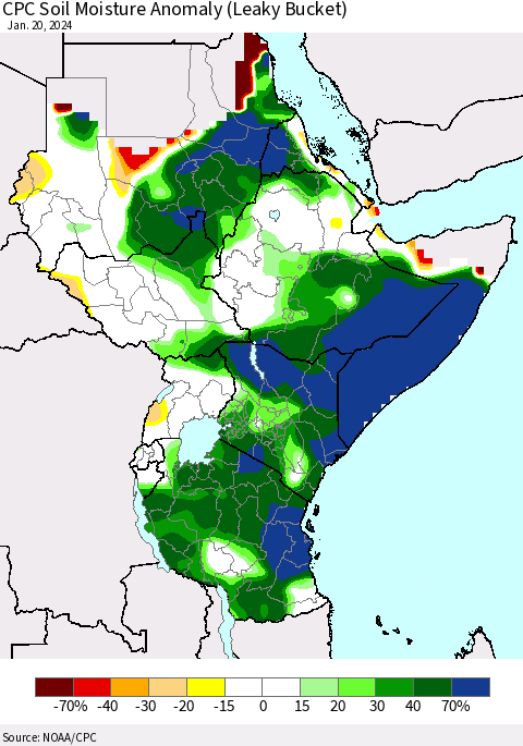 Eastern Africa CPC Soil Moisture Anomaly (Leaky Bucket) Thematic Map For 1/16/2024 - 1/20/2024