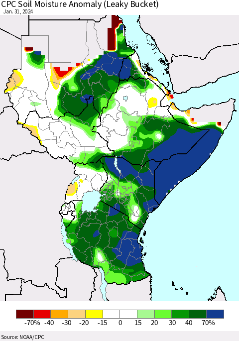 Eastern Africa CPC Soil Moisture Anomaly (Leaky Bucket) Thematic Map For 1/26/2024 - 1/31/2024