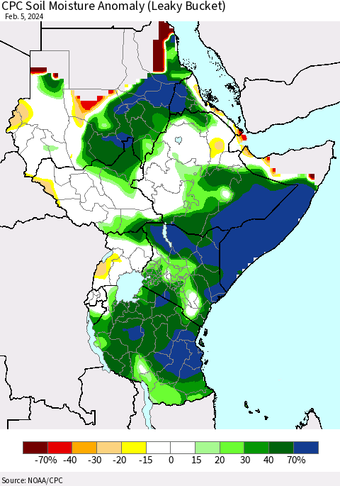 Eastern Africa CPC Soil Moisture Anomaly (Leaky Bucket) Thematic Map For 2/1/2024 - 2/5/2024