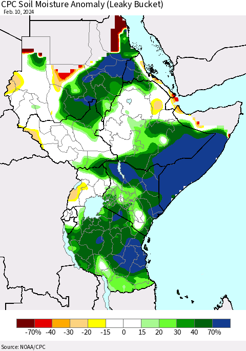 Eastern Africa CPC Soil Moisture Anomaly (Leaky Bucket) Thematic Map For 2/6/2024 - 2/10/2024