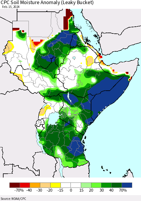 Eastern Africa CPC Soil Moisture Anomaly (Leaky Bucket) Thematic Map For 2/11/2024 - 2/15/2024