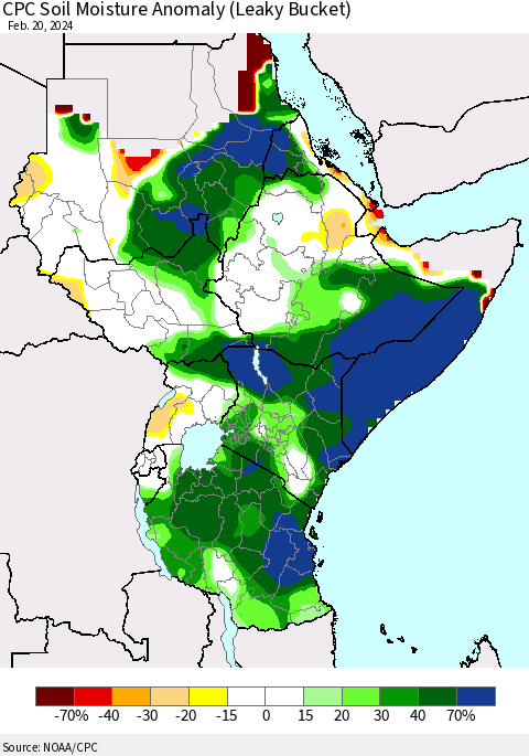 Eastern Africa CPC Soil Moisture Anomaly (Leaky Bucket) Thematic Map For 2/16/2024 - 2/20/2024