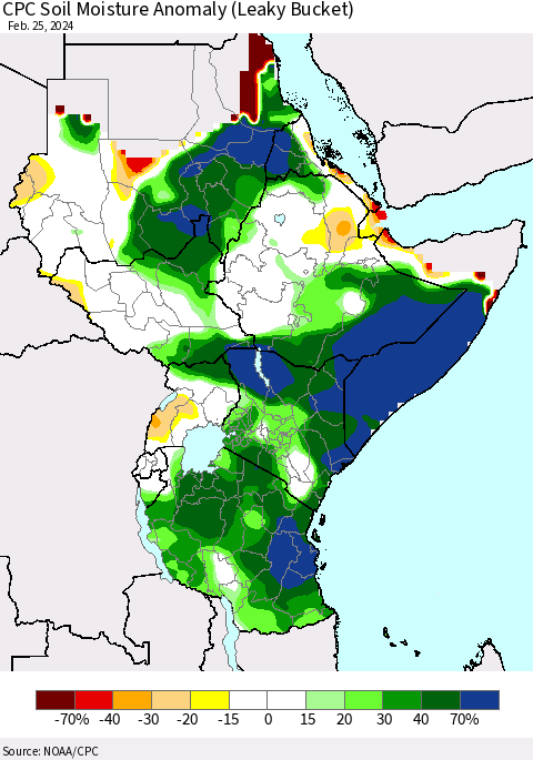 Eastern Africa CPC Soil Moisture Anomaly (Leaky Bucket) Thematic Map For 2/21/2024 - 2/25/2024