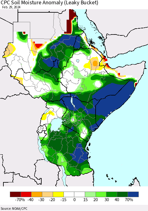 Eastern Africa CPC Soil Moisture Anomaly (Leaky Bucket) Thematic Map For 2/26/2024 - 2/29/2024