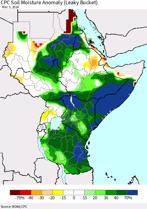 Eastern Africa CPC Soil Moisture Anomaly (Leaky Bucket) Thematic Map For 3/1/2024 - 3/5/2024