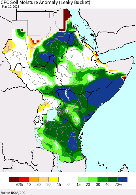 Eastern Africa CPC Soil Moisture Anomaly (Leaky Bucket) Thematic Map For 3/6/2024 - 3/10/2024