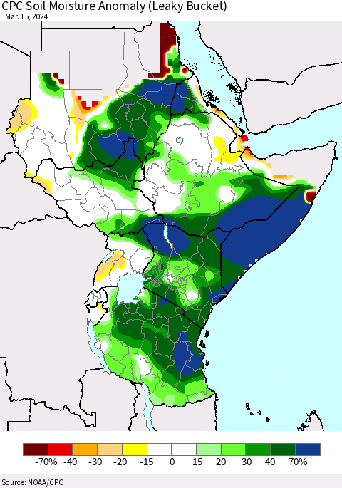 Eastern Africa CPC Soil Moisture Anomaly (Leaky Bucket) Thematic Map For 3/11/2024 - 3/15/2024