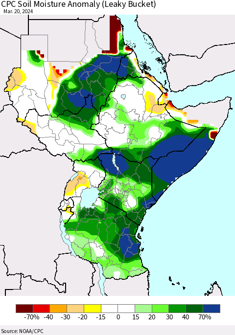 Eastern Africa CPC Soil Moisture Anomaly (Leaky Bucket) Thematic Map For 3/16/2024 - 3/20/2024