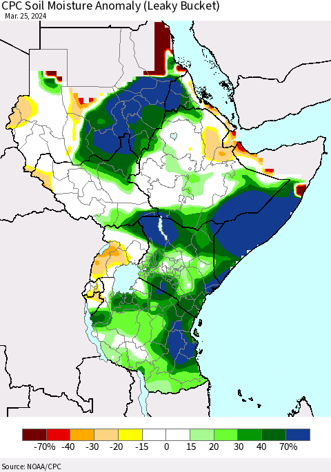 Eastern Africa CPC Soil Moisture Anomaly (Leaky Bucket) Thematic Map For 3/21/2024 - 3/25/2024