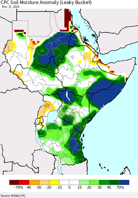 Eastern Africa CPC Soil Moisture Anomaly (Leaky Bucket) Thematic Map For 3/26/2024 - 3/31/2024