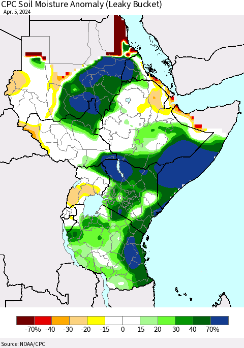 Eastern Africa CPC Soil Moisture Anomaly (Leaky Bucket) Thematic Map For 4/1/2024 - 4/5/2024