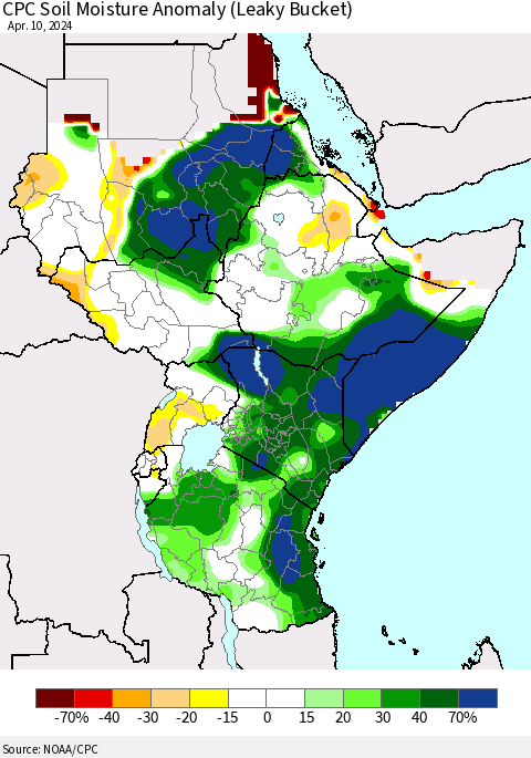 Eastern Africa CPC Soil Moisture Anomaly (Leaky Bucket) Thematic Map For 4/6/2024 - 4/10/2024